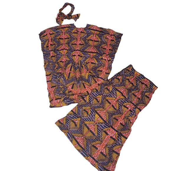 African Print Maxi Dress & Head Wrap Set - Size L - Multicolor Geometric Pattern - Picture 1 of 4
